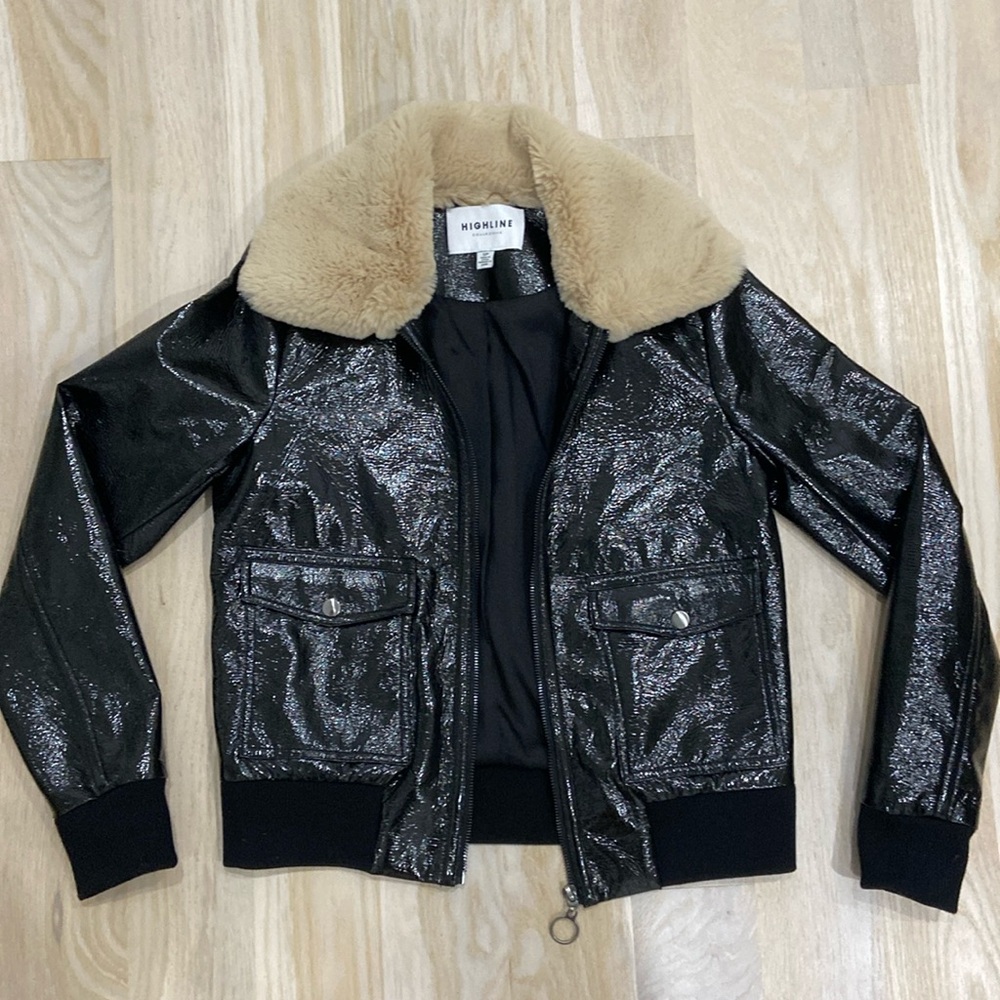 HIGHLINE Collective black faux patent leather faux fur lined jacket size S